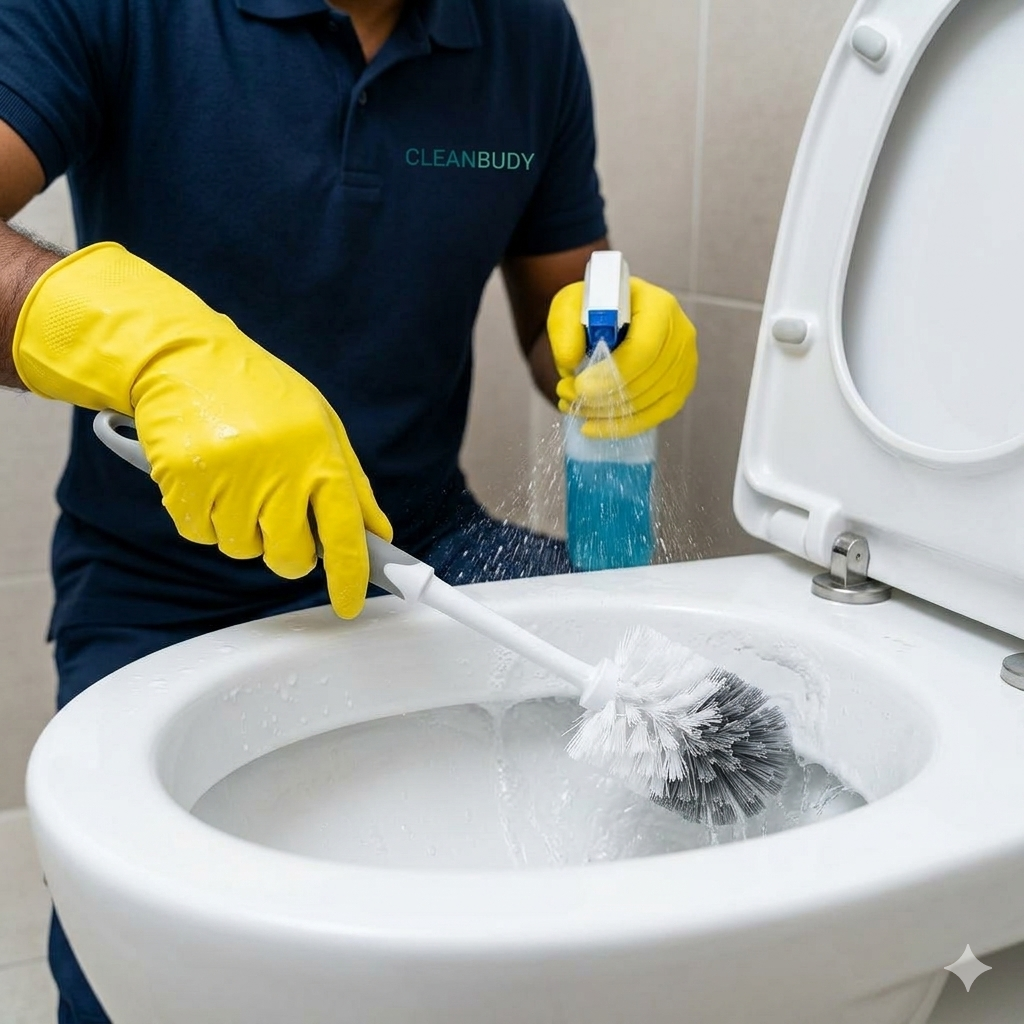 Bathroom deep cleaning in Kochi — tile grout scrubbed and hard-water scaling removed