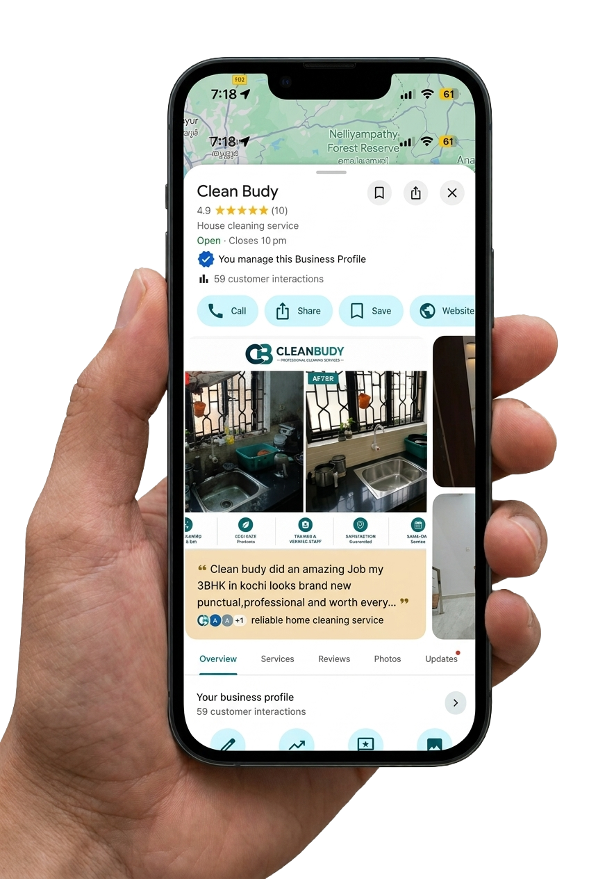 Cleanbudy's Google Business Profile showing a kitchen before and after cleaning