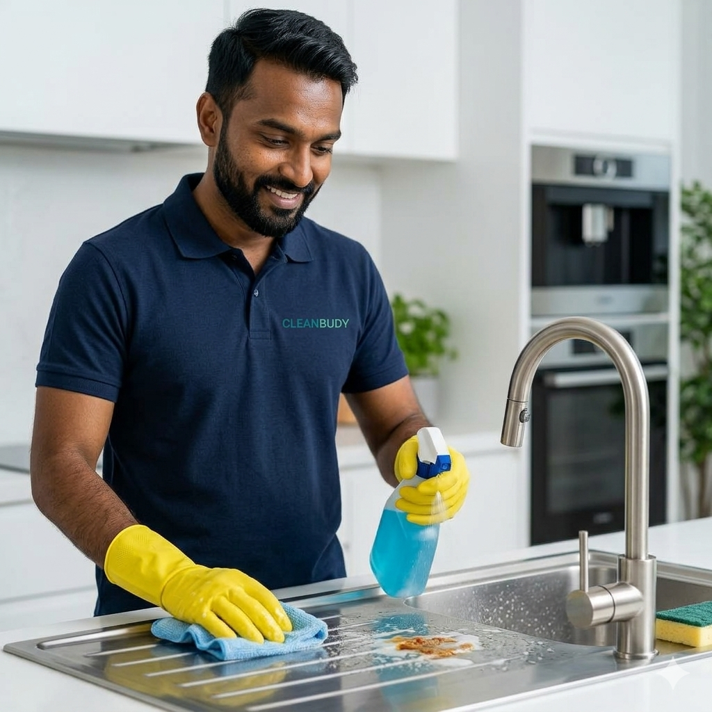 Kitchen deep cleaning in Kochi — cabinets, chimney and countertops degreased